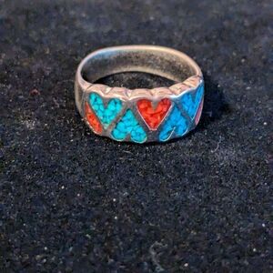 Zuni Ring With Turquoise And Red Coral Inlay
